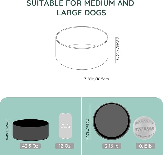 SPUNKYJUNKY 42OZ Ceramic Dog and Cat Bowl, Modern Cute Weighted Food Water Bowl for Replacement Black (2 Pack)