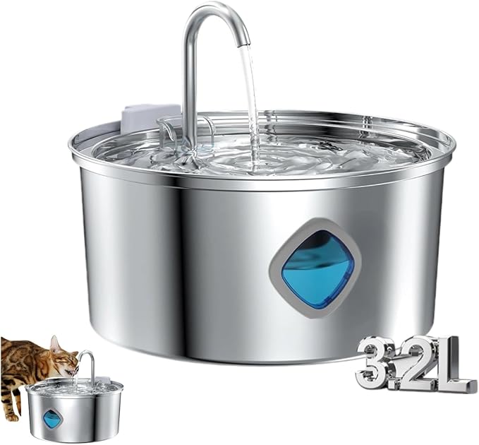 Cat Water Fountain Stainless Steel: 108oz/3.2L Water Fountains for Cats Indoor, Cat Water Fountain, Ultra Quiet, Water Level Window（2. Filter Filter Cotton）