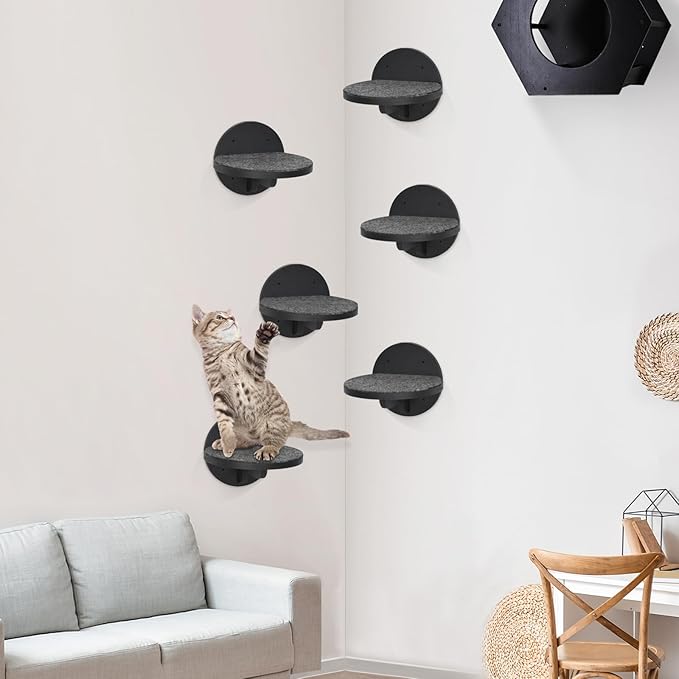 Y&ME 6-Pack Cat Climbing Shelves with Scratching Pad and Wall Mount for Cats to Sleep, Climb and Play (Black)