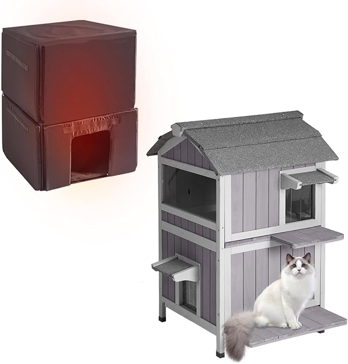Insulated Cat House Outdoor Two-Story Feral Cat House with Escape Door and Two Large Side Door, Weatherproof Kitty Shelter with All-Round Insulated Liner for Outside