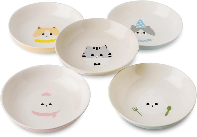 Ceramic Cat Bowls Set - 5.5 inch Wide Cat Food Bowls Whisker Fatigue Friendly, 5 Colorful Kitten Dish Plates with Cute Pattern for Wet and Dry Food Water