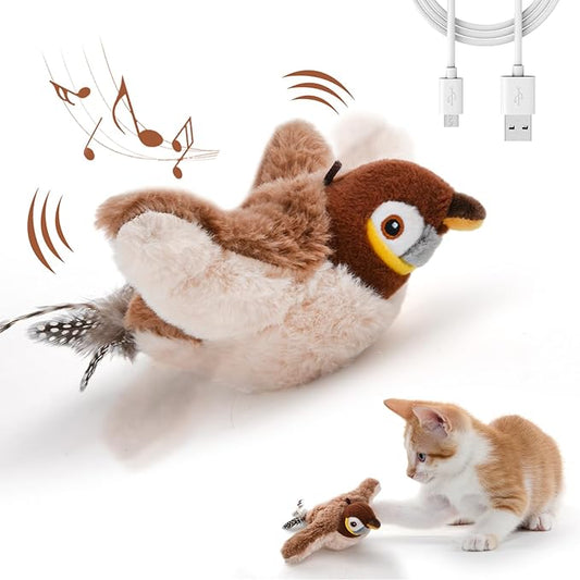 Flappy Bird Cat Toy for Indoor Cats, Simulated Chirping Flapping Wings Bird, Interactive Catnip Toys, Plush Kitten Exercise Toys (Brown Sparrow)