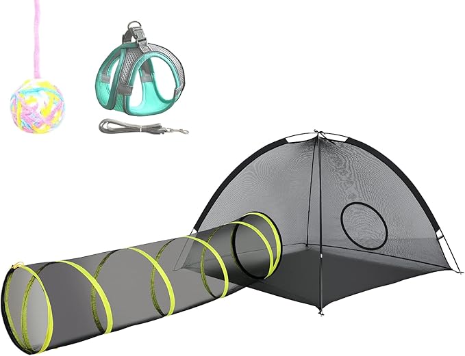 Outdoor Cat Enclosures Indoor, Portable Mesh Tent, Tunnel, Playhouse With Adjustable Harness and Leash for Walking, Colorful Tease Ball for Animals