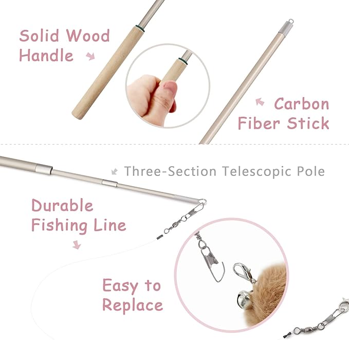 SONGWAY Interactive Cat Feather Toys - 7 PCS Cat Toys Set for Indoor Cats, Retractable Wand with Feather Tail Toy Refills, Kitten Toys Gift, Pink