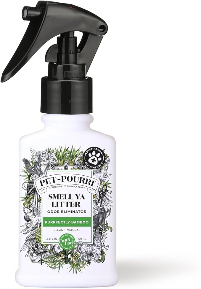 Pet-Pourri Smell Ya Litter Cat Litter Deodorizer Spray, 3.4 Fl Oz, Up to 170 Uses, Pet Odor Remover with Essential Oils for Air, Carpet, Urine, Vet Recommended, Bergamot Bamboo Scent