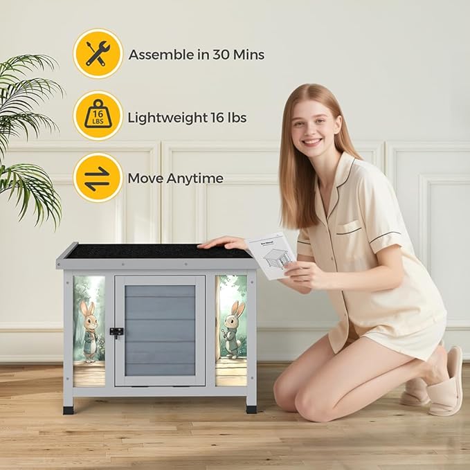 COZIWOW 24in Wooden Cat House Outdoor & Indoor Pet Shelter with Foldable Ramp - Weatherproof Rabbit Hutch with Unique Machine-Printed Art Designs for Cat, Rabbit, Guinea Pig (Grey)