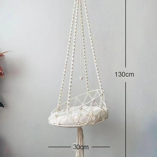 Macrame Hanging Cat Hammock Bed Handwoven Hanging Boho Cat Bed with Hanging Kit for Indoor Outdoor Home Decor Boho Cats Perch Bed for Sleeping Playing Climbing and Lounging for Cats Up to 11 lbs 03