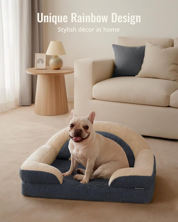 Blissful Diary Foam Dog Bed Medium Size, Pet Sofa with Washable Cover and Waterproof Liner, Soft Teddy Plush with Rainbow Design (Blue)