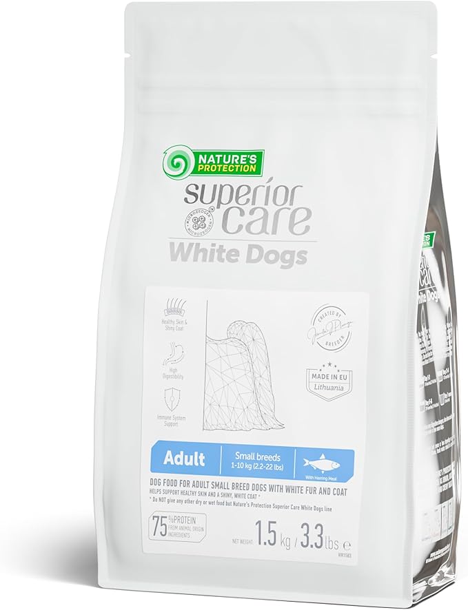 Nature's Protection Superior Care White Dogs Grain-Free Dry Dog Food - High Protein, Tear Stain Dog Food for Small & Mini Breeds Light Coated Adult Dogs, Fresh Pet Meal, Herring, 3.3 lb