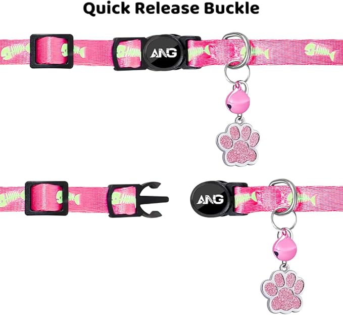 Personalized Breakaway Cat Collars Glow-in-The-Dark with ID Tag, Bell - Safety Quick - Release, Customizable for Female Male Kittens & Cats (Pink)