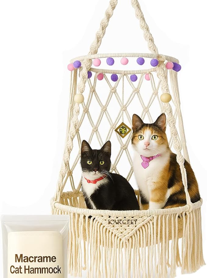 KARCEEY Hanging Cat Bed Macrame Cat Hammock Window Perch with Catnip Mat for Wall Window Indoor/Outdoor