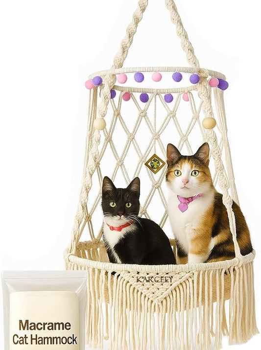KARCEEY Hanging Cat Bed Macrame Cat Hammock Window Perch with Catnip Mat for Wall Window Indoor/Outdoor