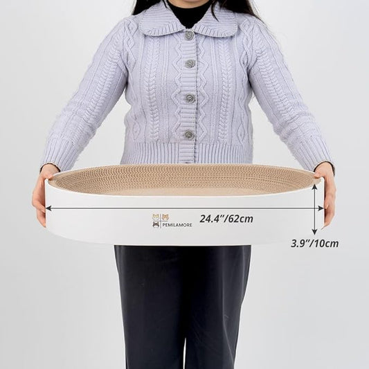 Cat Scratcher Cardboard Bed for Indoor Cats – Large (24.4x17.7x3.9in), Lounger, Round, Reversible, Durable, Protects Furniture, Cat Bowl & Scratching Pad, Safe with Cornstarch Glue