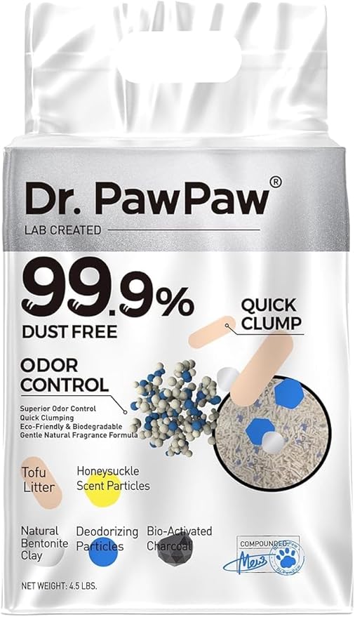 Tofu Cat Litter, Dr. PawPaw Clumping Cat Litter, Honeysuckle Scent 18 lb, Dust-Free Keep Kitty Tidy, Superior Odor Control Keep Step Fresh