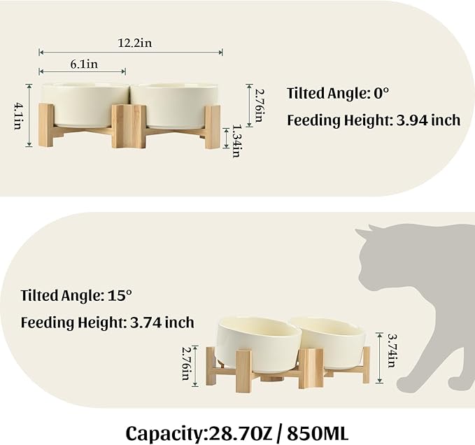 SPUNKYJUNKY 15° Slanted Ceramic Dog and Cat Bowl with Wooden Stand, Tilted Bulldog Food and Water Bowl No Slip Non-Spill for Cats Medium Dogs Big Face Pets 28.7 OZ (3.6 Cups, Beige × 2)
