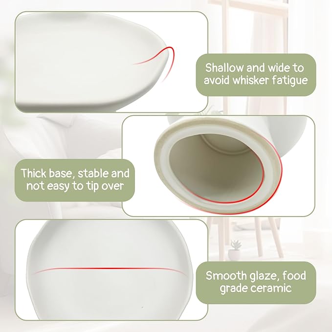 VCEPJH Raised Cat Food Bowls Shallow Cat Plate Ceramic Elevated Cats Dish 6.1in Flat Anti Whisker Fatigue Wide Pet Food & Water Feeder for Indoor Kitty Kitten (White)