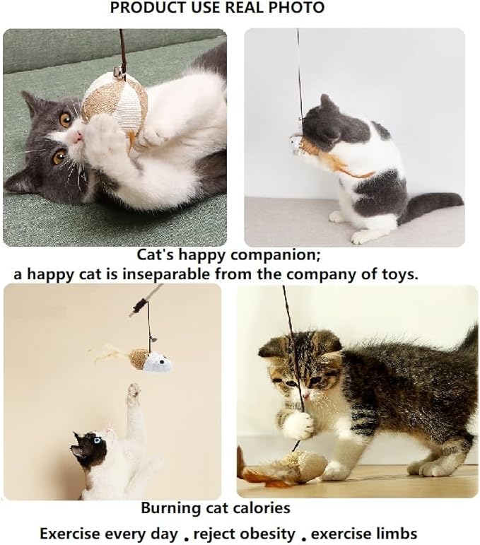 Cat Teaser Wand Toys with Feathers and Bells, Interactive Mouse and Bell Design,Interactive Toys 5-Piece Set for All Breed Sizes