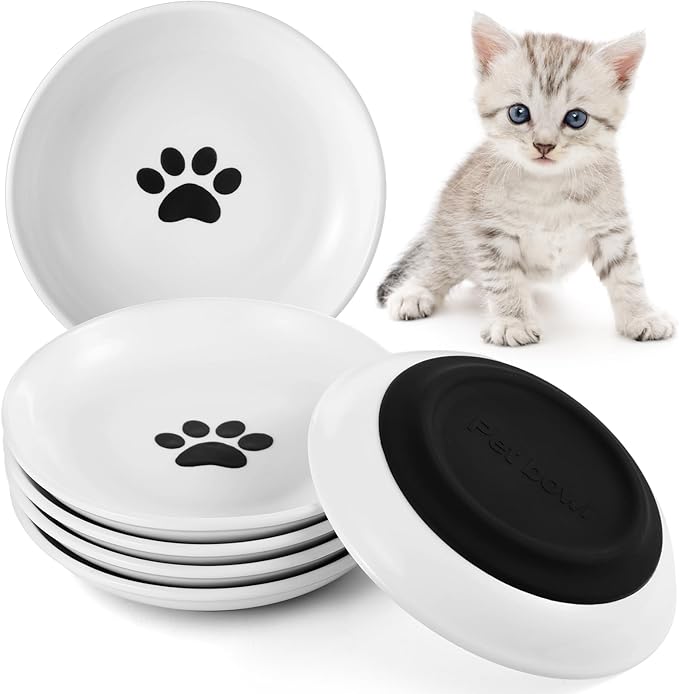 Dorakitten Ceramic Cat Bowls 6 Pack, No Whisker Fatigue Wide Shallow Cat Dishes with Non-Slip Silicone Bottom, Pet Food & Water Plates, 5.9 Inches Diameter
