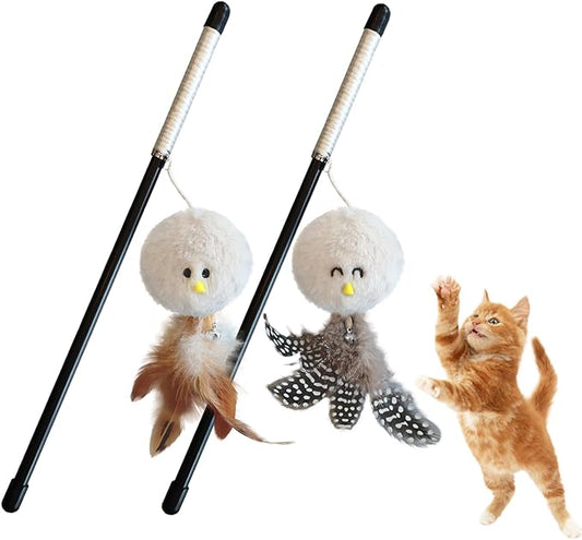 Interactive Cat Wand Toy Set,2 PCS Feather Plush Ball Cat Toys with Catnip & Bell Cats Teaser Sticks for Indoor Play Chase Exercise with Kittens