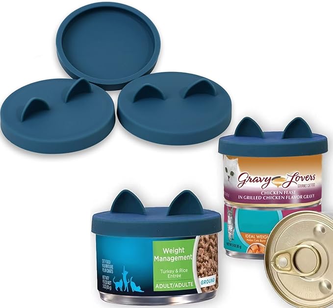 OHMO 3 Pack Small Cat Food Can Lids, Silicone Pet Food Can Lids Covers for 3 oz 2.5 oz Cat Food Cans, Dark Blue