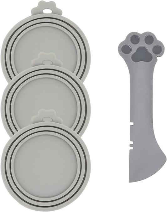 Pet Food Can Spoon & 3 Pcs Can Covers | Cute Paw Shape Opener Spatula Cat Wet Food Spoon | Universal BPA Free Silicone Can Lids & Spoon for Dog Cat Cans(Grey)