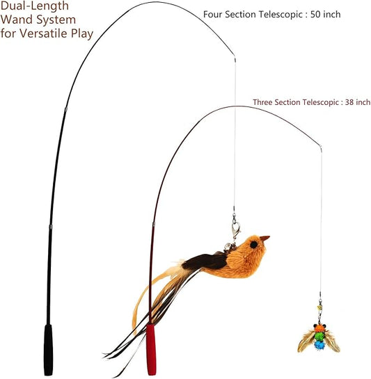 Interactive Cat Wand Toy Set – 2 Retractable Wands (38" & 50") with 11 Refills Attachments – Feather Toys, Plush Bird, Worms, Insect & Swallow – Cat Teaser Toys for Indoor Cats & Kittens