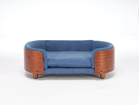 HomSof 30.7" Scandinavian Style Elevated Dog Bed Pet Sofa with Solid Wood Legs and Bent Wood Back,Velvet Cushion,Mid Size,Navy+Brown