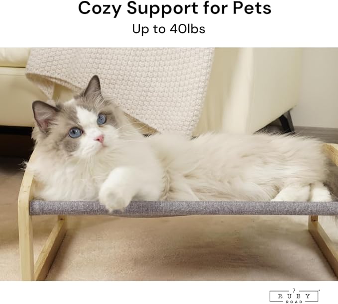 7 Ruby Road Elevated Cat Bed Cot with 2 Washable Covers, Wooden Cat Hammock Bed Chair, Modern Raised Pet Beds & Furniture for Indoor and Large Cats, Kitten, Dog, Puppy and Small Dogs