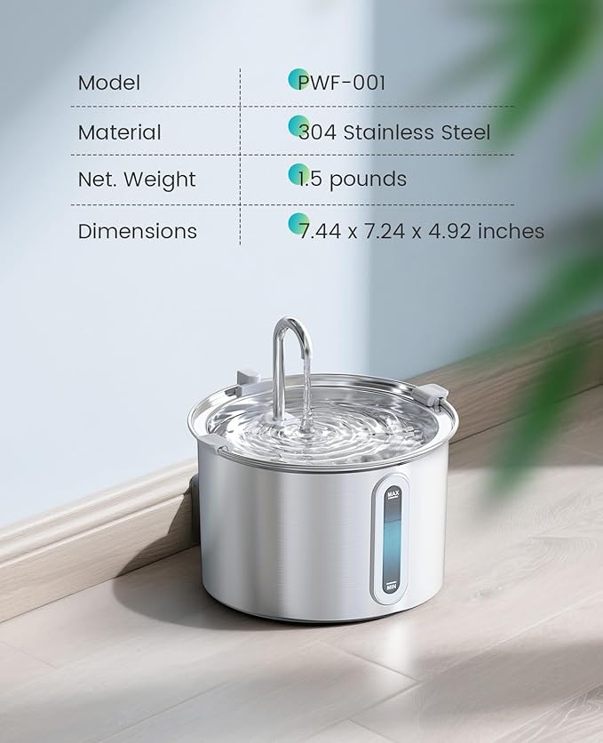 oneisall 2L Stainless Steel Cat Water Fountain with Snap, Anti-Spill Cats Water Fountains with Quiet Pump,Continuous Fresh Water Supply,Pet Water Fountain for Single Kitty & Small Pets