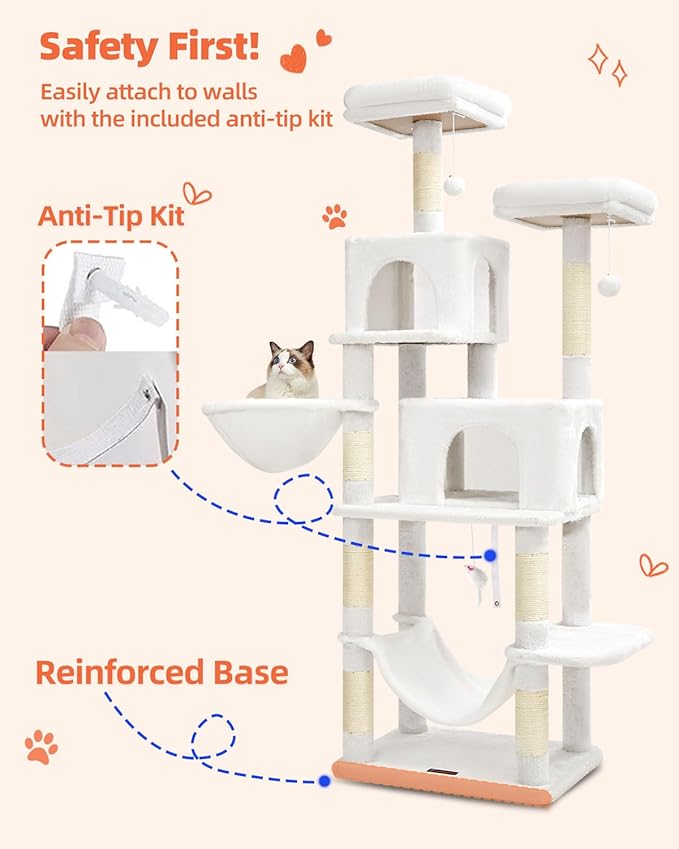 Taoqimiao Cat Tree, 66.2-Inch Cat Tower for Indoor Cats, Plush Multi-Level Cat Condo with 12 Scratching Posts, 2 Perches, 2 Caves, Hammock, 2 Pompoms, Cream White MS013C