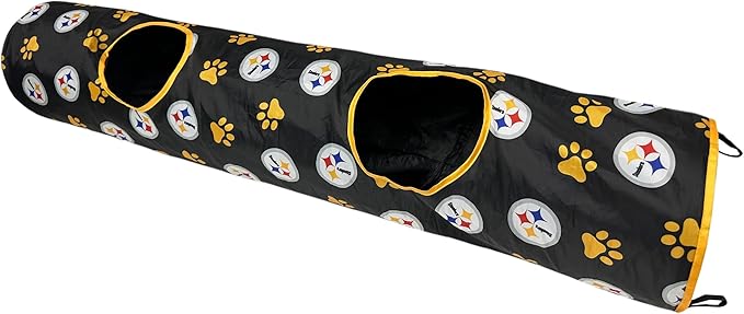 NFL Pittsburgh Steelers Cat Tunnel Tube Toy with Plush Football Catnip and Feathers Collapsible Tunnel for Cats to Play, Peek and Hide, Sporty & Fun Cat Tunnel Toy with Team Logo All-Over Design!