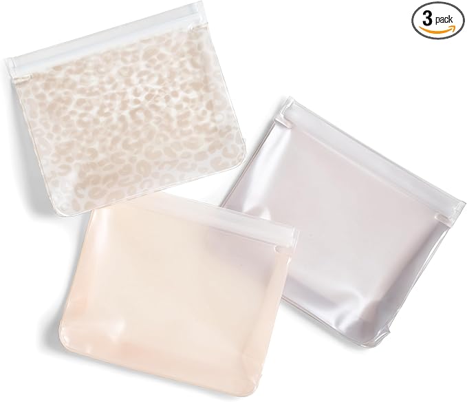 Fit & Fresh Reusable PEVA Storage Bags 3 Pack, Reusable Food Storage Bags, LeakProof, Durable, Freezer Safe, Hand Wash, Easy to Clean, Eco-Friendly, Ivory Feline Fine