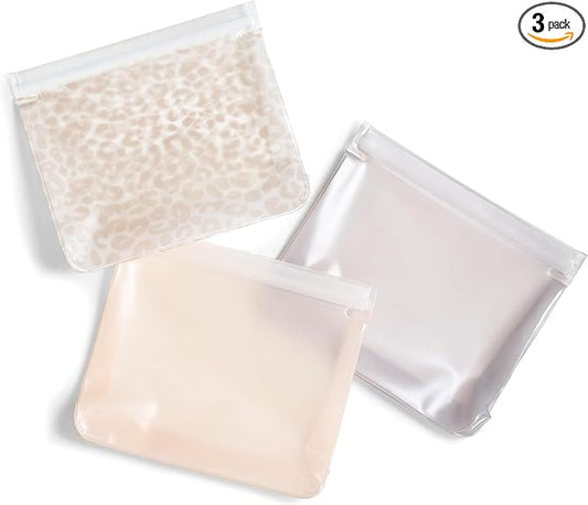 Fit & Fresh Reusable PEVA Storage Bags 3 Pack, Reusable Food Storage Bags, LeakProof, Durable, Freezer Safe, Hand Wash, Easy to Clean, Eco-Friendly, Ivory Feline Fine