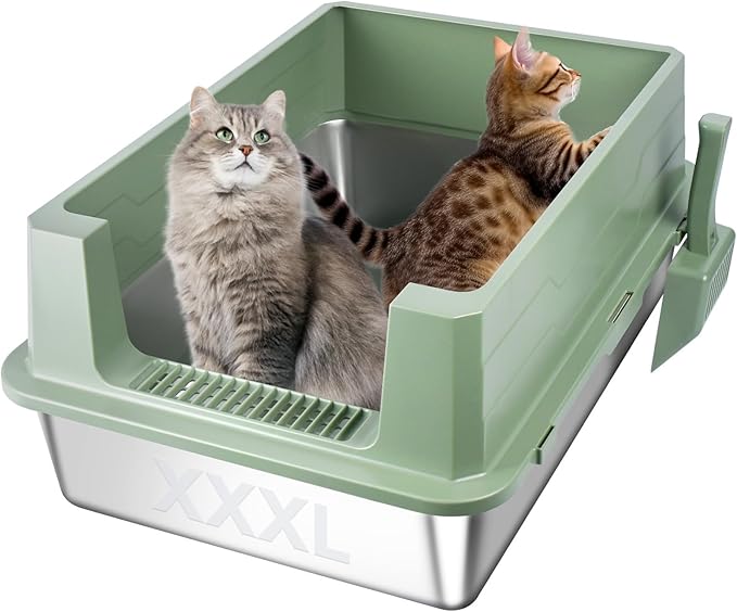 Homegroove XXXL Stainless Steel Litter Box with High Sides, 28"x20"x12" Extra Large Cat Litter Box for Big Cats, Metal Cat Litter Boxes Anti-Urine Leakage, Easy Clean (Green)