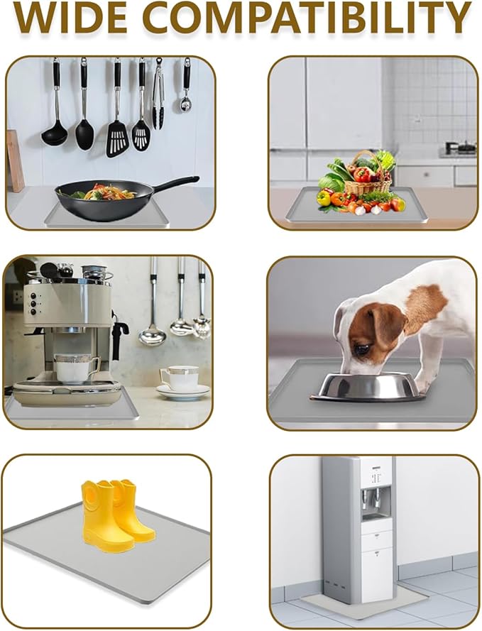 Waterproof Silicone Mat with Raised Edges 24x16 Inch, Water Cooler Mat & Countertop Protector for Hardwood Floors, Non-Slip Kitchen Appliance Pad for Pets Cats Dogs Feeding Bowls, Easy to Clean (Gray）