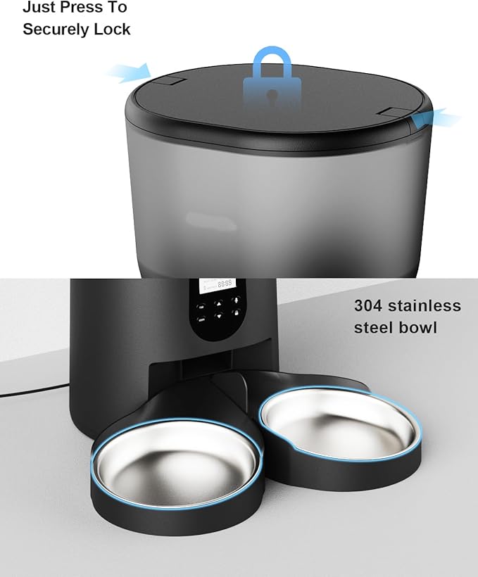 Automatic Cat Feeders for 2Cats, 6L/25cup Automatic Cat Food Dispenser with 2 Stainless Pet Bowls,10s Meal Call Timer Setting 20 Portions 6Meals Per Day, Timed Pet Feeder for Cats Dog Indoor Dry Food