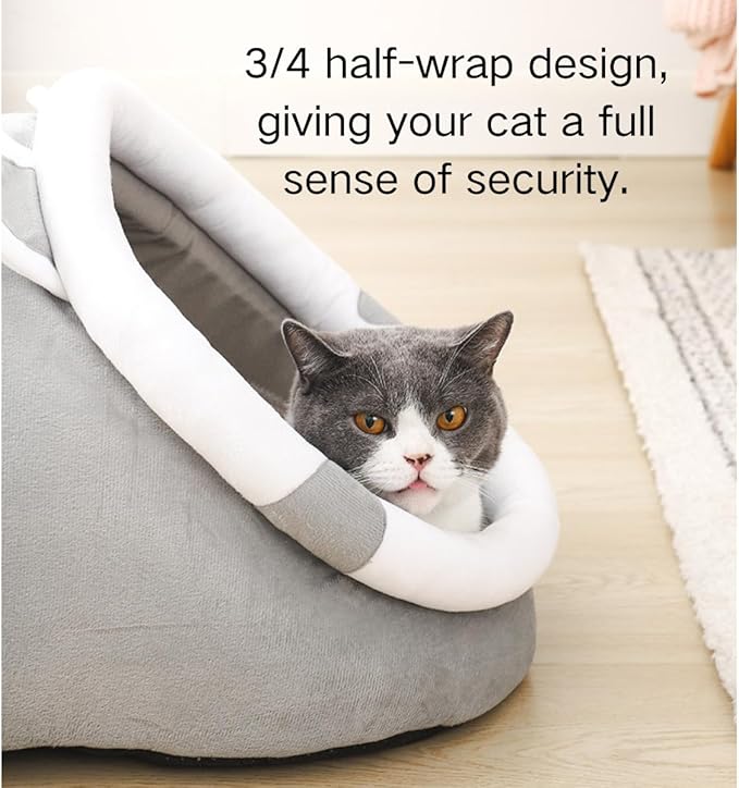 Cat Bed Cave with Removable Cushion, Indoor Pets Plush House Bed with Pompom for Small Dogs Cats Kitten Puppy Rabbits (Grey,S)