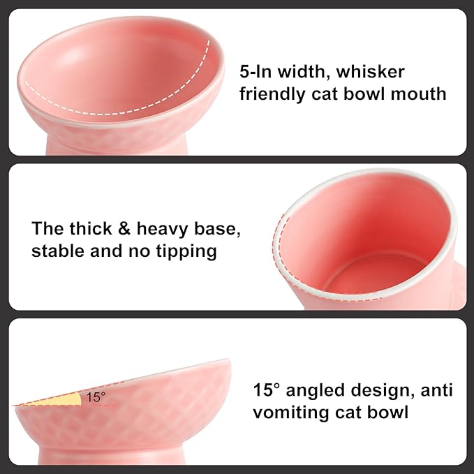 YauYik Ceramic Raised Cat Bowls, Elevated Tilted Cat Food and Water Bowls Set, Stress Free Pet Feeding Dish for Indoor Cats and Small Dogs, Anti Vomiting, Pink, 2 Pack