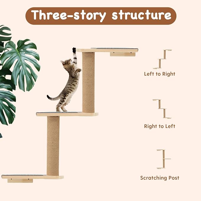 Cat Wall Shelves 3-in-1 – Wall-Mounted Cat Ladder, Steps & Scratching Post for Climbing, Jumping, and Napping