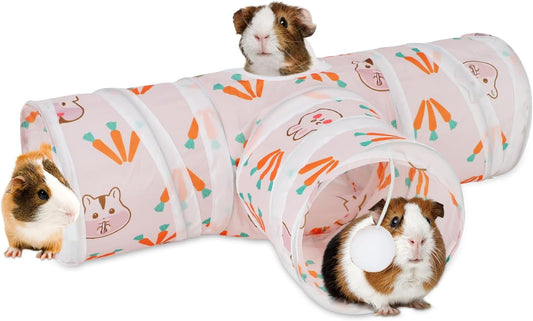 Rypet Guinea Pig Tunnel 3 Way Collapsible Small Pet Tunnels and Tubes with Interactive Ball for Baby Rabbit Ferret Hamster Chinchilla Hedgehog Hiding and Resting-White
