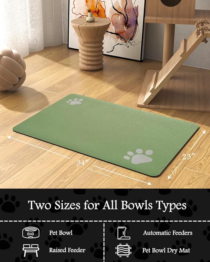 Pet Feeding Mat-Absorbent Dog Mat for Food and Water Bowl-No Stains Quick Dry Water Dispenser Mat-Dog Accessories Pet Supplies-Bowl for Messy Drinkers（Green,23"x34"