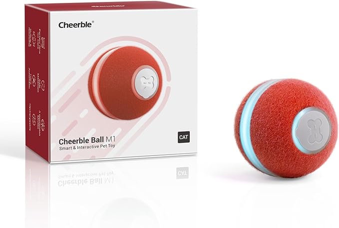 Cheerble Interactive Cat Ball Toy, Automatic Moving Ball Toy for Indoor Cat Kitten, Electric Pet Toy Fun Gift with Light, High Energy Cat Toys, Red