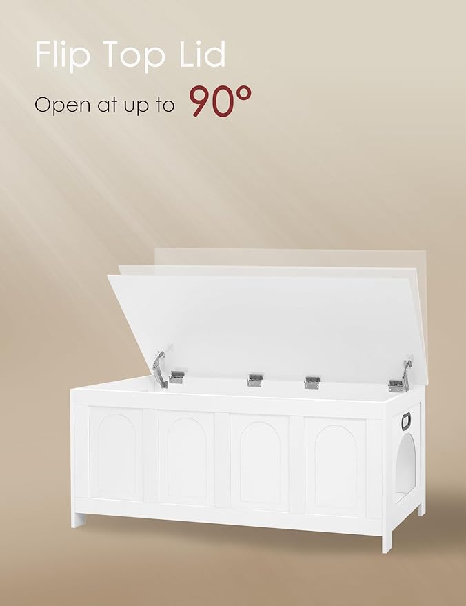 DINZI LVJ Cat Litter Box Enclosure, Flip Top Litter Box Furniture, Hidden Cat Washroom, 2-Entrances Wooden Pet House, 47.2" L x 18.7" W x 19.7" H, End Side Table, TV Stand, Easy to Assemble, White