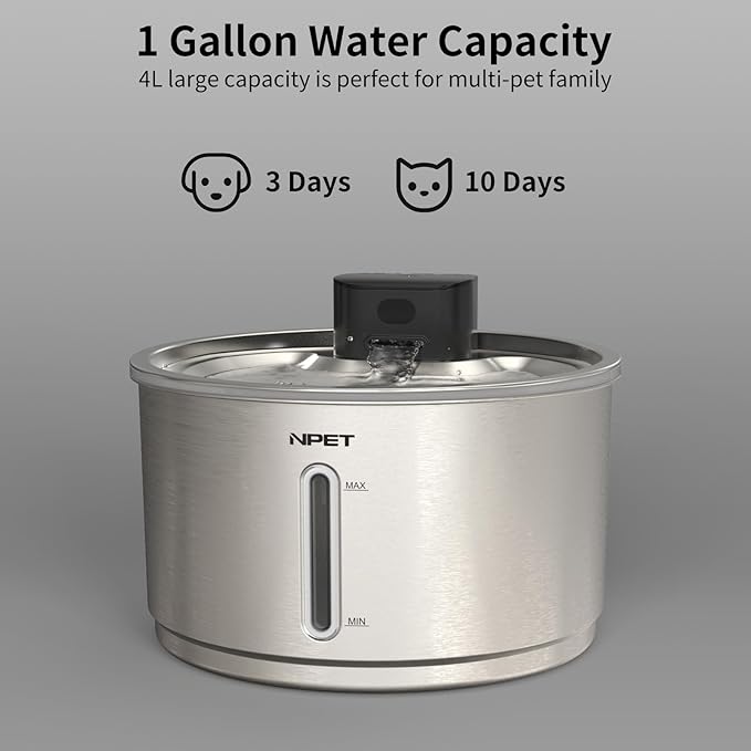 NPET Stainless Steel Wireless Cat Fountain, 1Gallon/4L Battery Operated Automatic Pet Drinking Fountain - Cordless Dog Water Dispenser with Water Level Window for Cats Indoor