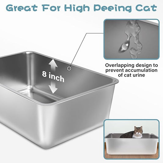Stainless Steel Cat Litter Box, 23.6"x15.8"x8" XXL Stainless Steel Litter Box 8 inch Deep, Extra Large Metal Litterbox for Big Cats, Non Stick Surface, Easy to Clean, High Sided