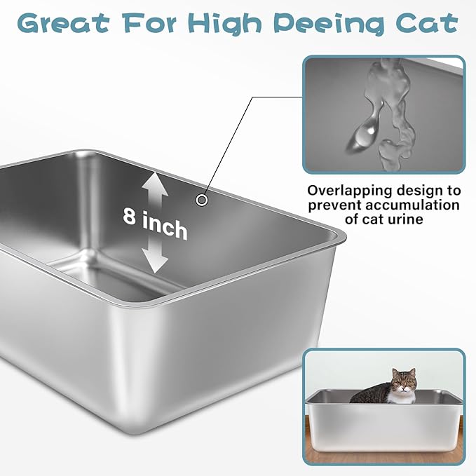 2 Pack Stainless Steel Cat Litter Box, 23.6"x15.8"x8" XXL Stainless Steel Litter Box 8 inch Deep, Extra Large Metal Litterbox for Big Cats, Non Stick Easy Clean Surface, High Sided