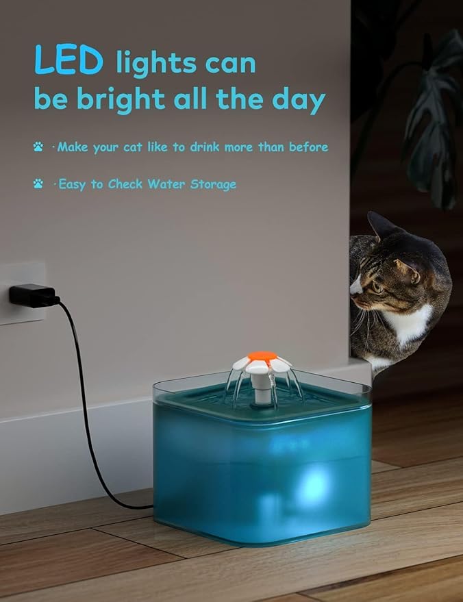 Cat Water Fountain for Cats Indoor: 67oz/2L Cat Fountain - Quiet Pet Water Fountain - Cyan Cat Fountains for Drinking Easy to Clean - for Cats&Pets& Small Animals - Including 4 Filters + 2 Sponges