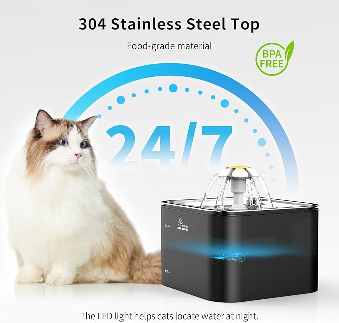 Crystal Cat Water Fountain Stainless Steel Lid, 101oz/3L Pet Fountain with LED Light for Cats and Dogs (Black)