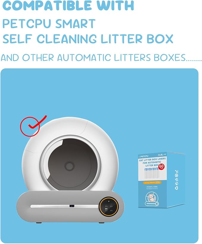 60 Count Cat Litter Box Liners for Self-Cleaning Cat Litter Box, Replacement Kitty Litter Liners, 4 Rolls Drawstring Waste Bags for Small Automatic Litter Boxs, 19.7 x 17.7 Inches（4 Packs/60 Counts）