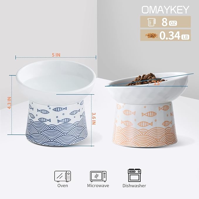 OMAYKEY Ceramic Raised Cat Bowls, Elevated Tilted Cat Food and Water Bowls Set, Porcelain Stress Free Pet Feeder Dish for Cats and Small Dogs, Dishwasher and Microwave Safe, Set of 2